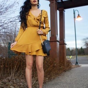 Dark Yellow Mid Thigh Long Sleeve Wrap Dress